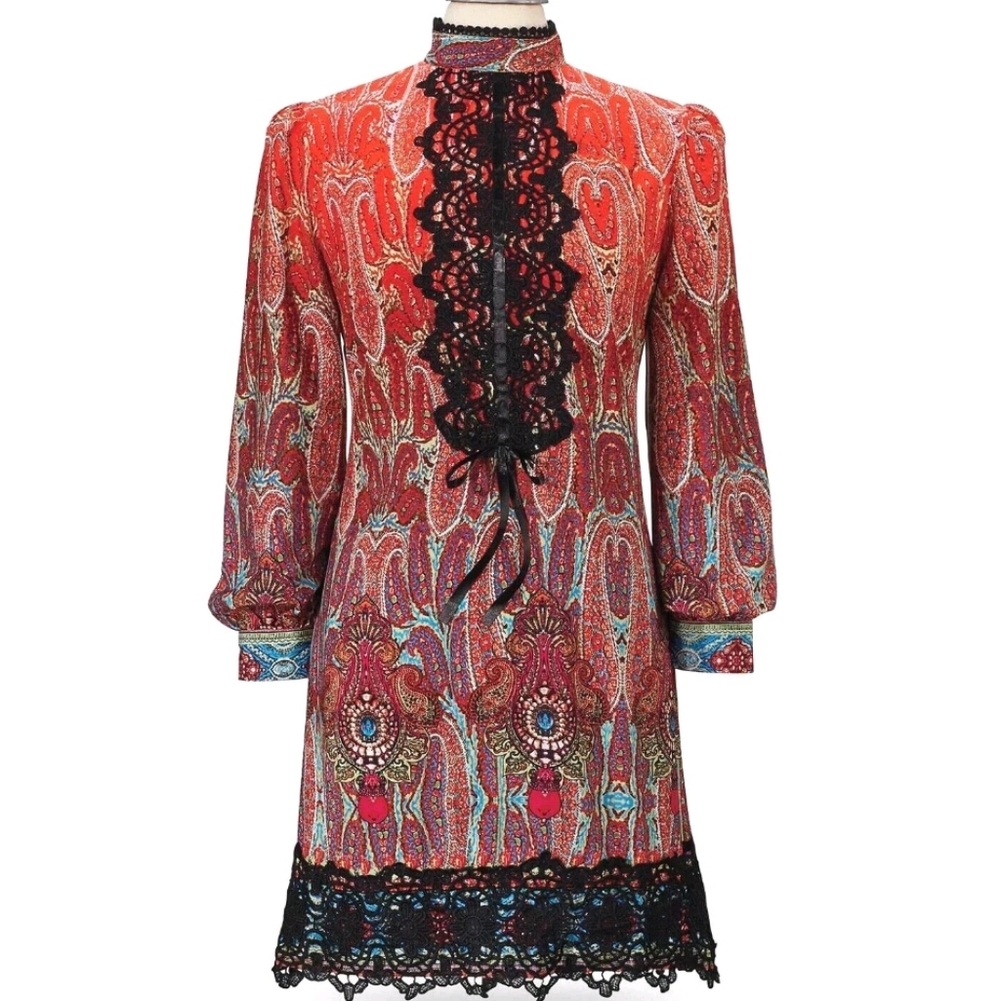 The Pyramid Collection Women's Paisley Lace Knee Dress Black Red Bow Blue NWOT L